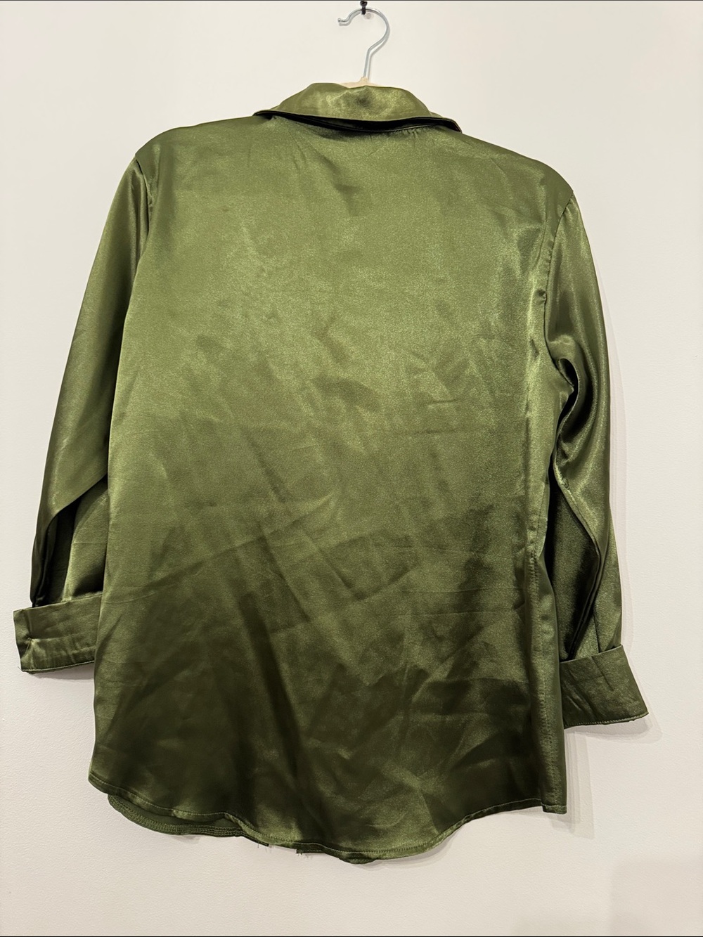 Olive Green Satin Button-Up Shirt - Picture 4 of 4